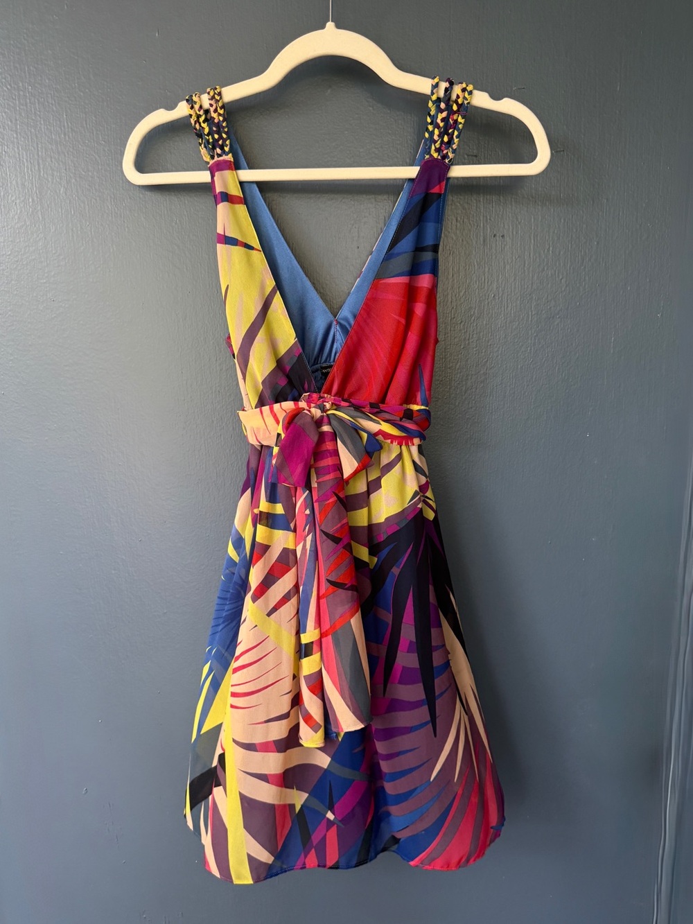 Double Zero Multicolor Tropical Wrap Mini Dress (Yellow, Blue, Red, Pink)
